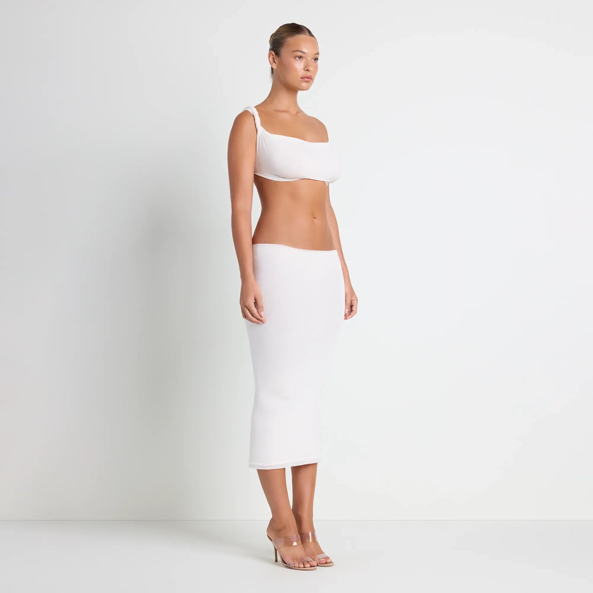 VETTESE X SKIMS SHEER MODAL DRAPED BRALETTE | ECRU ON A MODEL SIDE VIEW | FOCUS: 0.0, 1.0, 0.9