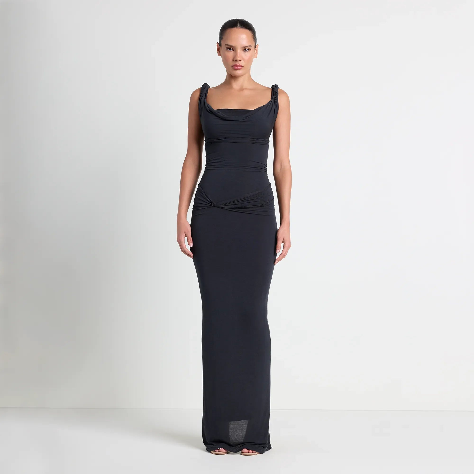 VETTESE X SKIMS SHEER MODAL DRAPED BRALETTE | ONYX ON A MODEL FRONT VIEW