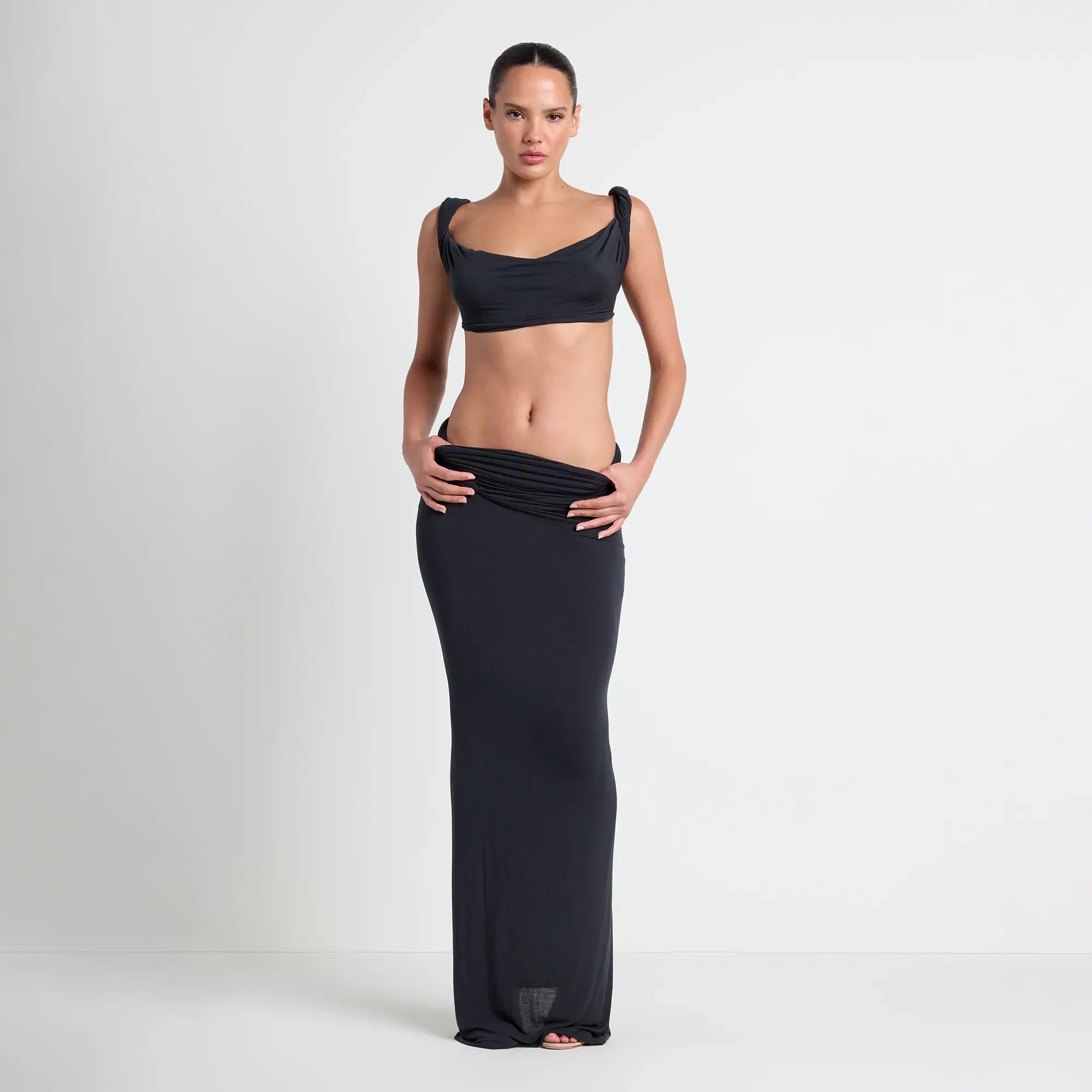 VETTESE X SKIMS SHEER MODAL DRAPED BRALETTE | ONYX ON A MODEL FRONT VIEW | FOCUS: 0.0, 1.0, 0.9