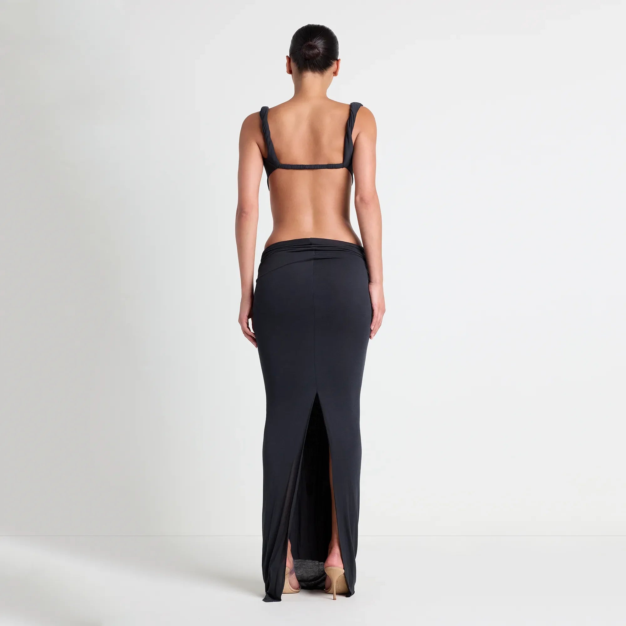 VETTESE X SKIMS SHEER MODAL DRAPED BRALETTE | ONYX ON A MODEL BACK VIEW