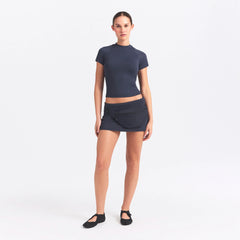NikeSKIMS AIRY BABY TEE | DEEP ROYAL ON A MODEL FRONT VIEW @ | FOCUS: 0.0, 1.0, 0.9