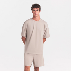 JERSEY LOUNGE MENS OVERSIZED T-SHIRT | LINEN ON A MODEL SIDE VIEW @ | FOCUS: 0.0, 1.0, 0.9