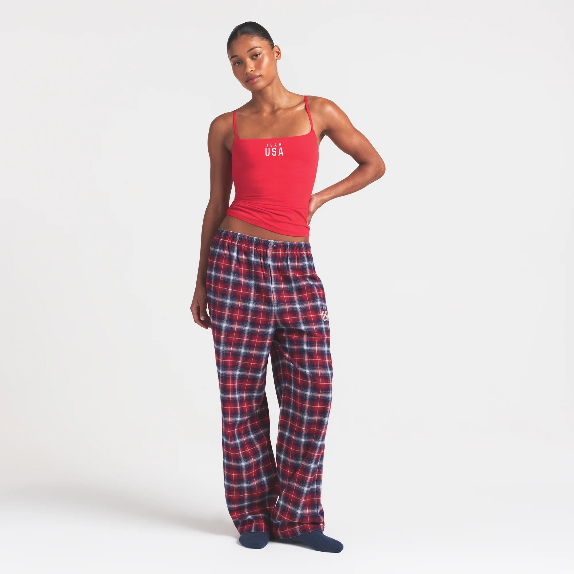 SKIMS FOR TEAM USA COTTON JERSEY OLYMPIC CAMI | RED ON A MODEL FRONT VIEW @ | FOCUS: 0.0, 1.0, 0.9