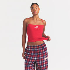 SKIMS FOR TEAM USA COTTON JERSEY OLYMPIC CAMI | RED ON A MODEL SIDE VIEW @ | FOCUS: 0.0, 1.0, 0.9