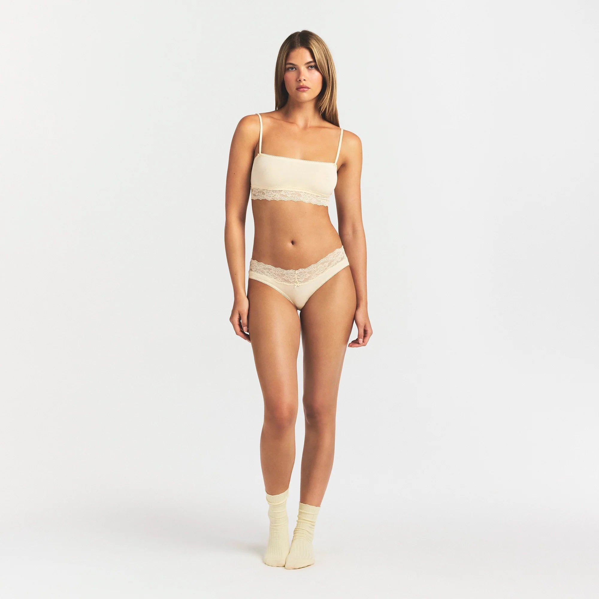 LIGHTWEIGHT COTTON WIDE LACE BRIEF | BUTTER TONAL ON A MODEL FRONT VIEW @ | FOCUS: 0.0, 1.0, 0.9