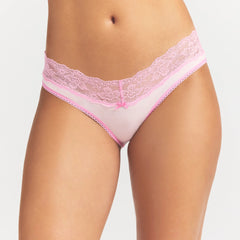 LIGHTWEIGHT COTTON WIDE LACE BRIEF | CHERRY BLOSSOM TONAL ON A MODEL SIDE VIEW @ | FOCUS: 0.0, 1.0, 0.9