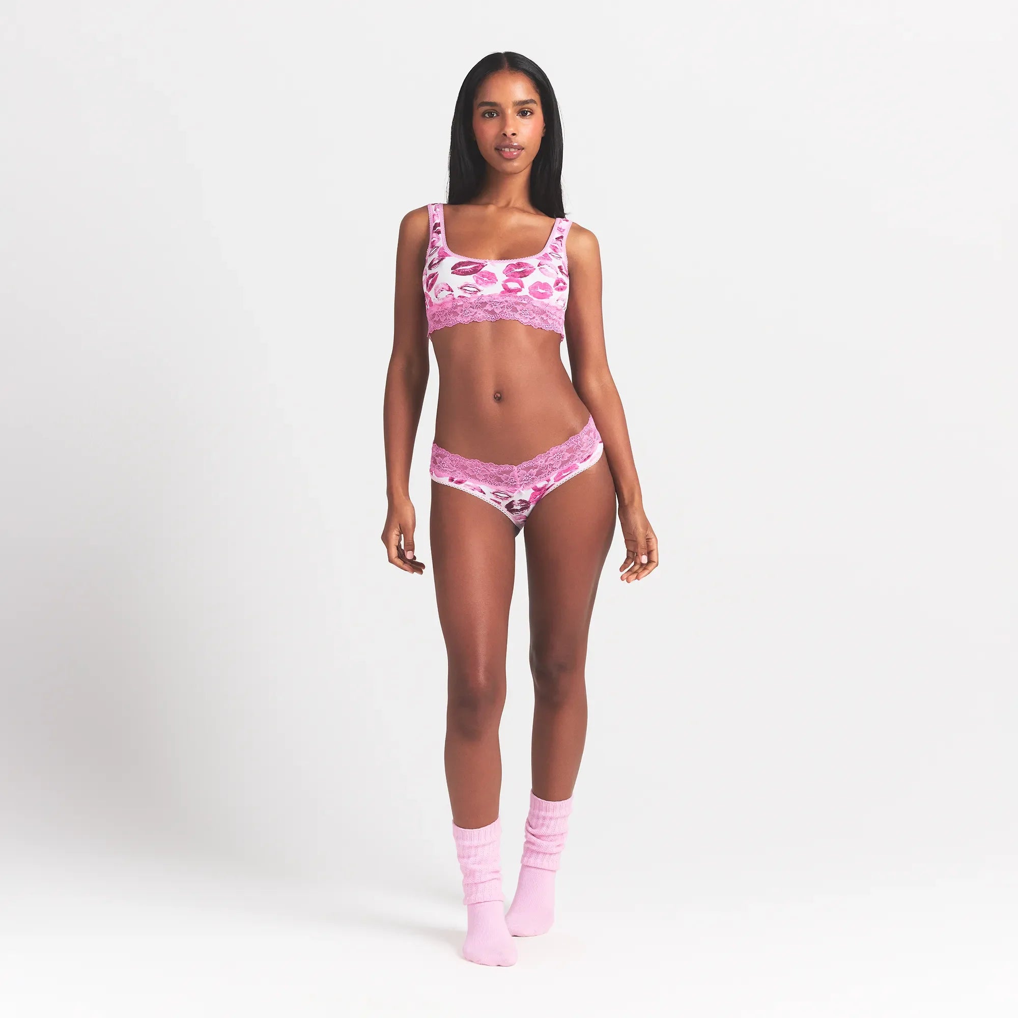 LIGHTWEIGHT COTTON WIDE LACE BRIEF | PINK ALLOVER LIPSTICK ON A MODEL FRONT VIEW @ | FOCUS: 0.0, 1.0, 0.9