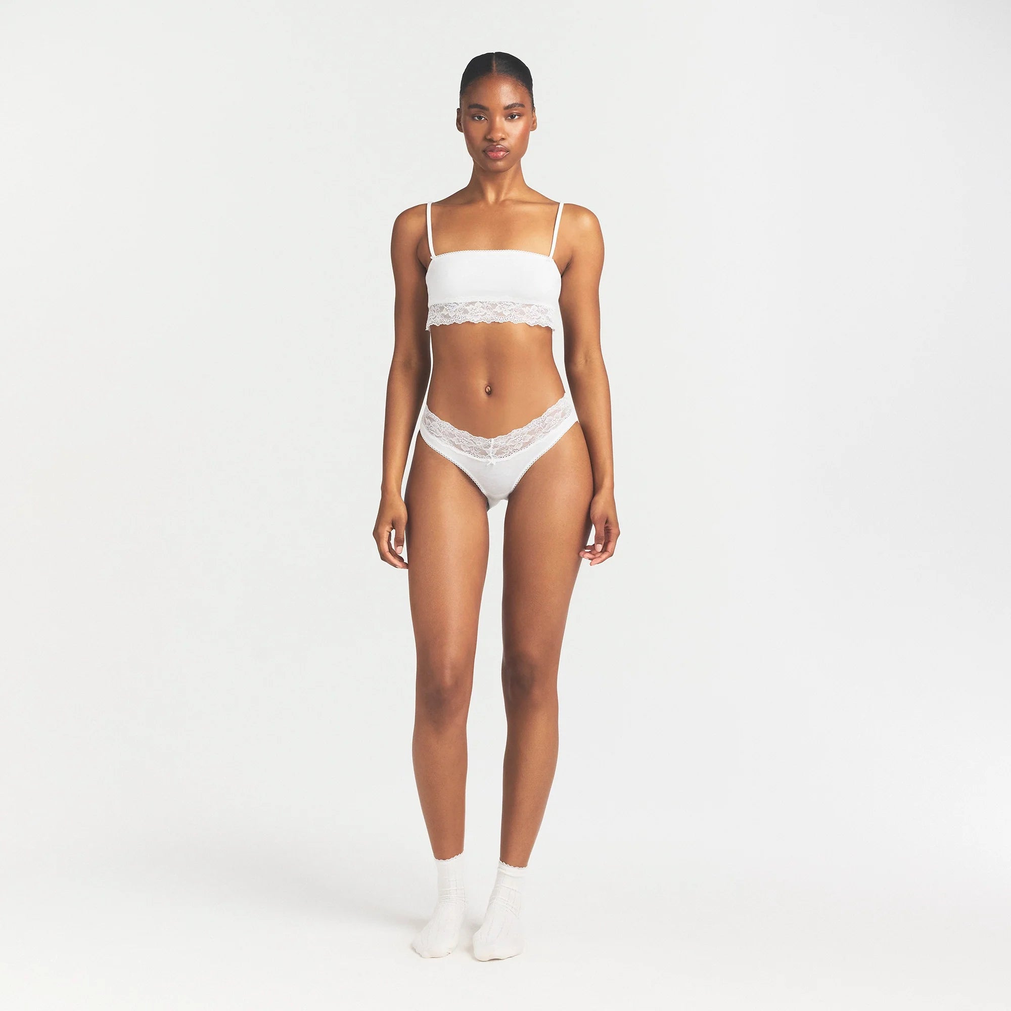 LIGHTWEIGHT COTTON WIDE LACE BRIEF | SNOW ON A MODEL FRONT VIEW @ | FOCUS: 0.0, 1.0, 0.9