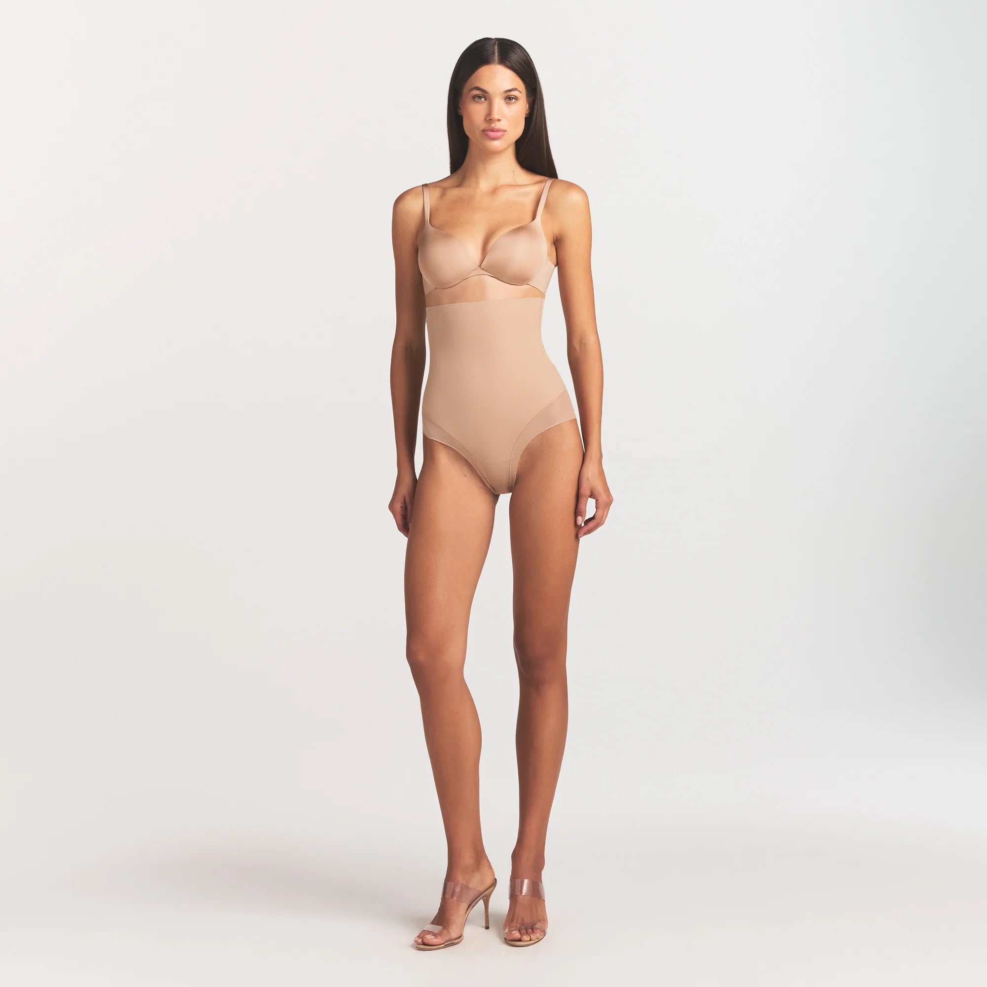 POWER MESH SHAPEWEAR CORE SCULPT HIGH-WAISTED BRIEF | CLAY ON A MODEL FRONT VIEW @