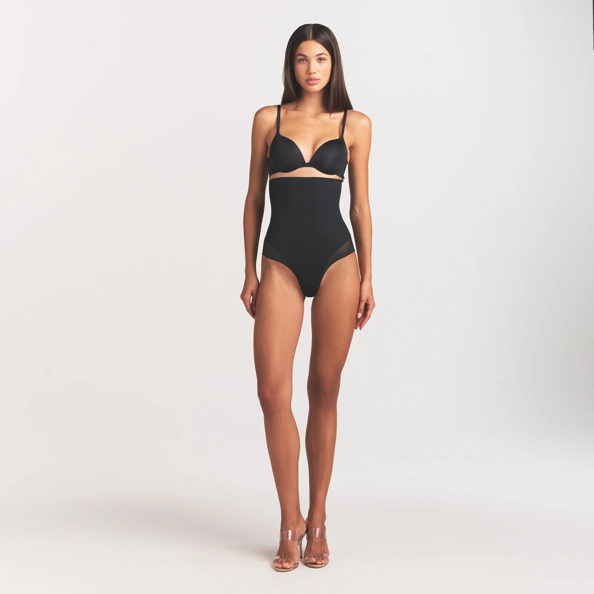 POWER MESH SHAPEWEAR CORE SCULPT HIGH-WAISTED BRIEF | ONYX ON A MODEL FRONT VIEW @