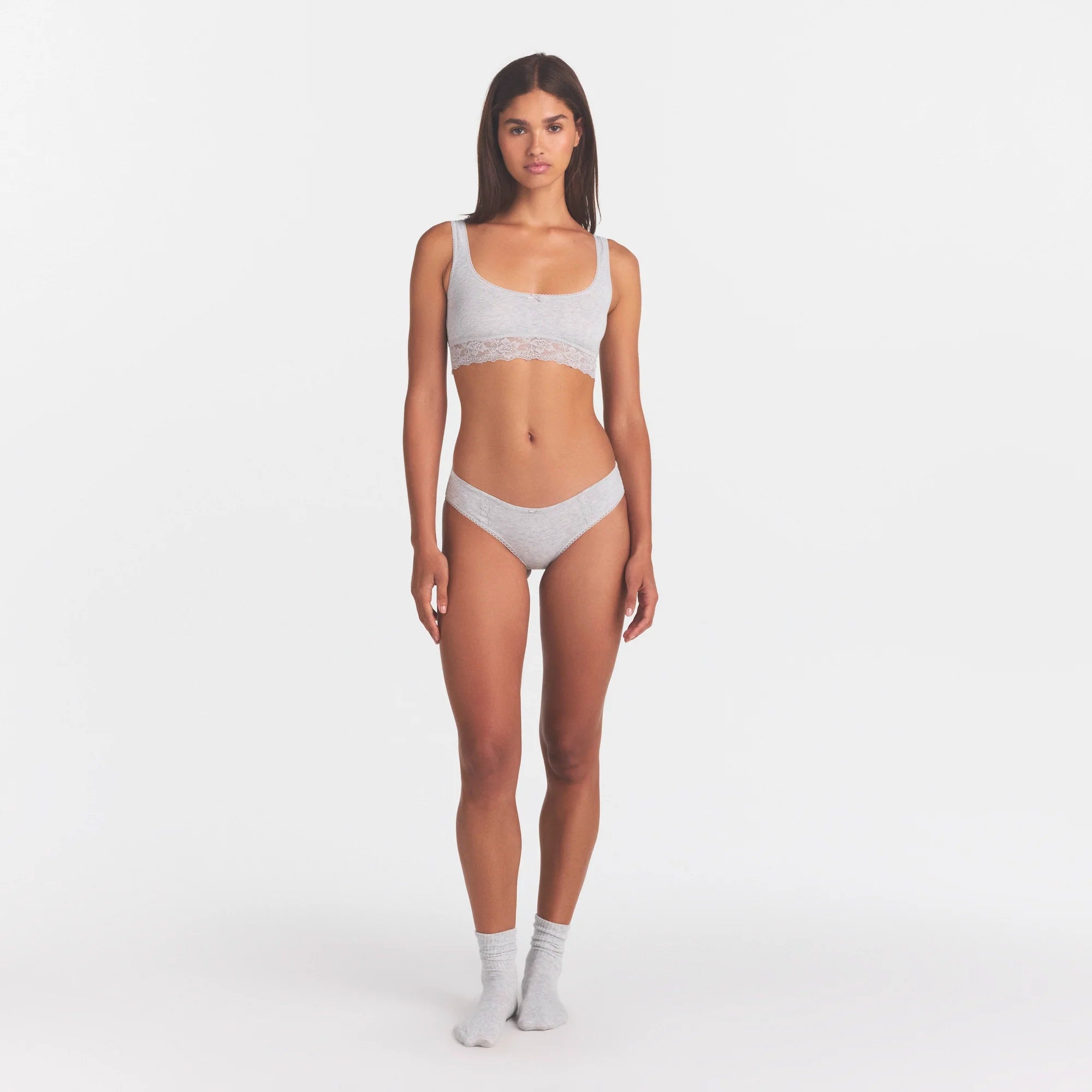 LIGHTWEIGHT COTTON LACE HIPSTER | LIGHT HEATHER GREY ON A MODEL FRONT VIEW  | FOCUS: 0.0, 1.0, 0.9