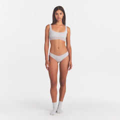LIGHTWEIGHT COTTON LACE HIPSTER | LIGHT HEATHER GREY ON A MODEL FRONT VIEW  | FOCUS: 0.0, 1.0, 0.9