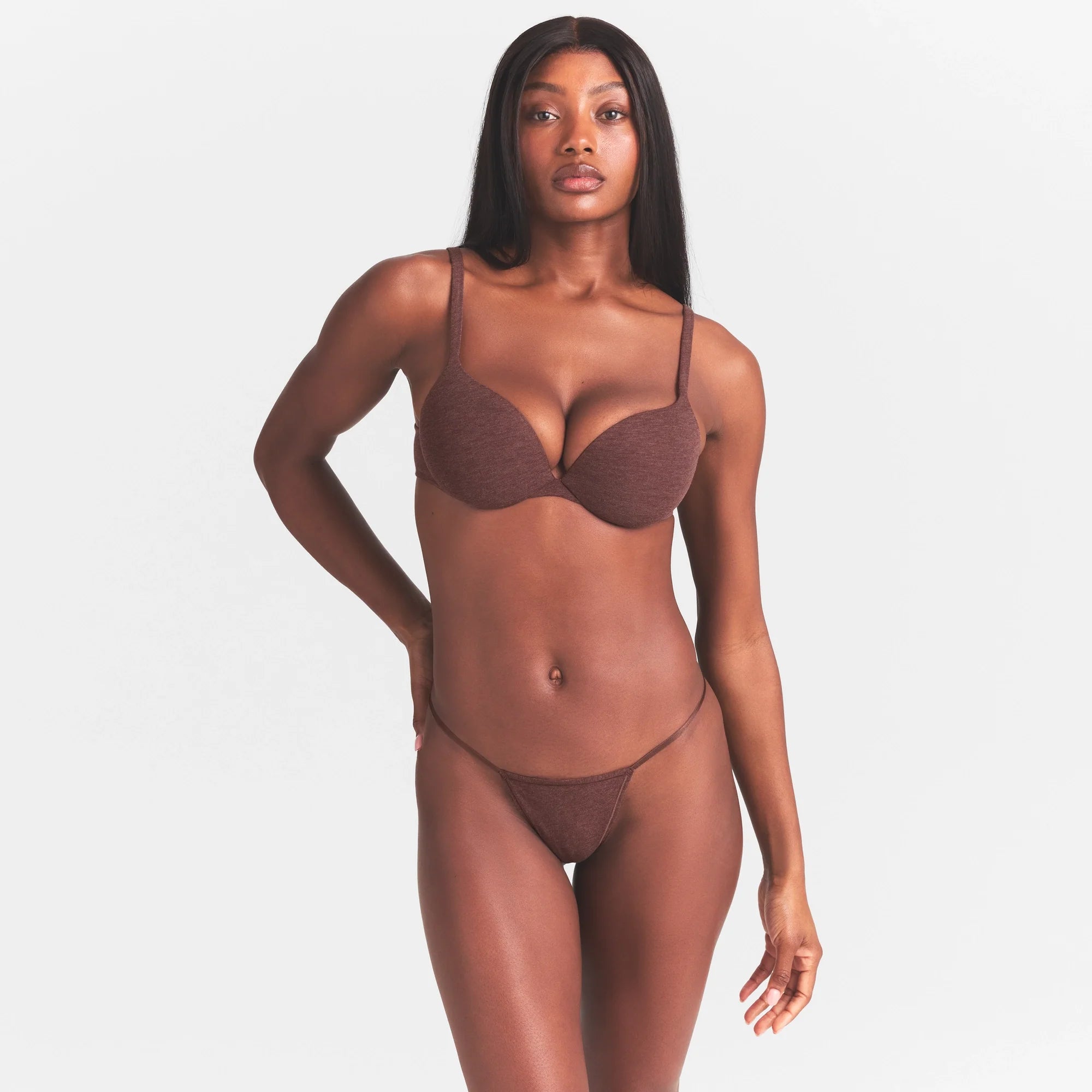 EVERYDAY COTTON STRING THONG | COCOA HEATHER ON A MODEL SIDE  VIEW @ | FOCUS: 0.0, 1.0, 0.9