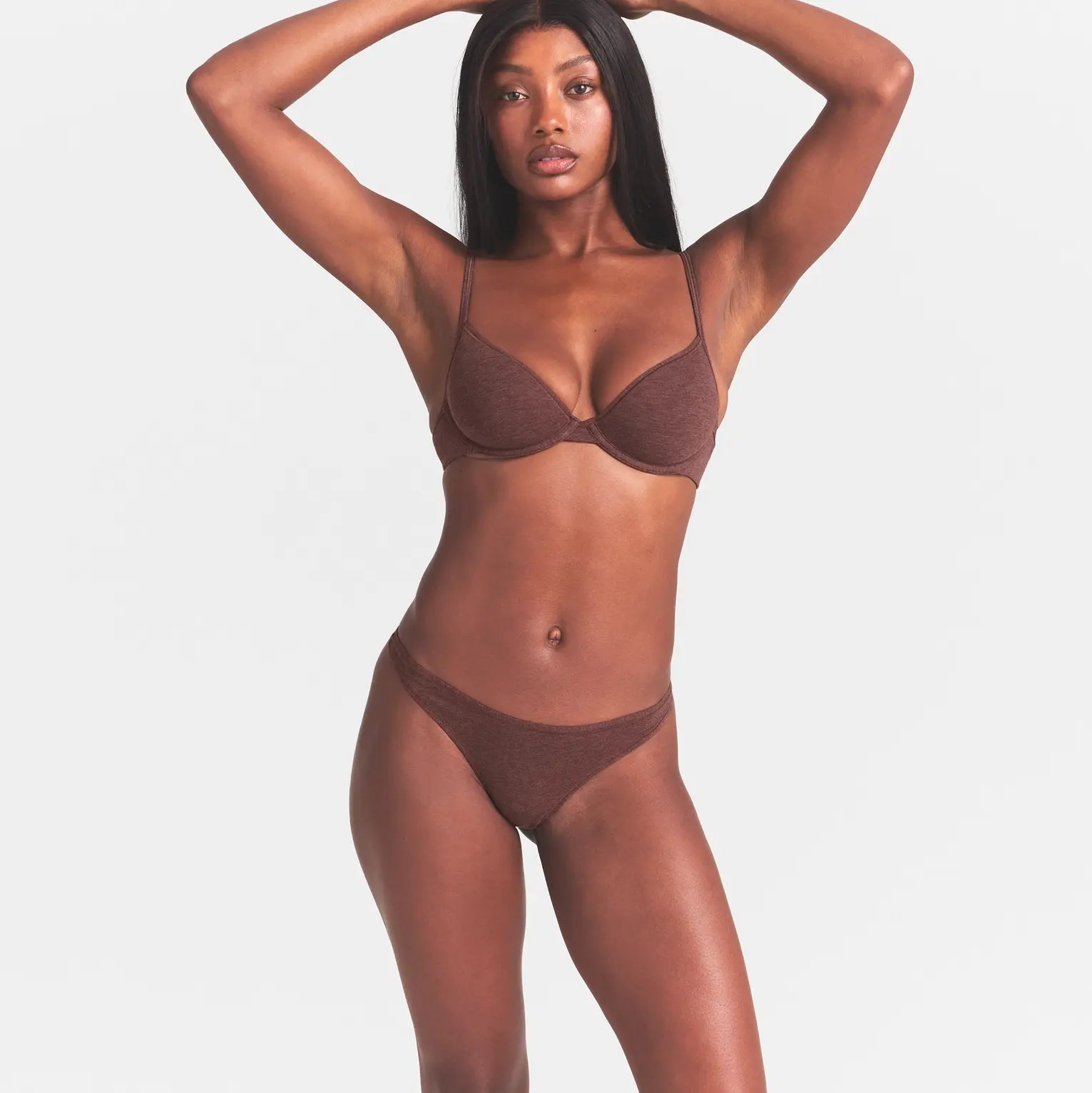 EVERYDAY COTTON THONG | COCOA HEATHER ON A MODEL SIDE  VIEW @ | FOCUS: 0.0, 1.0, 0.9