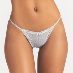 LIGHTWEIGHT COTTON POINTELLE LACE STRING THONG | LIGHT HEATHER GREY PIN DOT ON A MODEL SIDE VIEW @ | FOCUS: 0.0, 1.0, 0.9