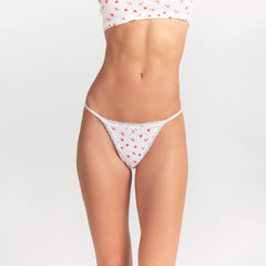 LIGHTWEIGHT COTTON POINTELLE LACE STRING THONG | SNOW ARROWED HEARTS ON A MODEL FRONT VIEW @ | FOCUS: 0.0, 1.0, 0.9