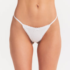 LIGHTWEIGHT COTTON POINTELLE LACE STRING THONG | SNOW ON A MODEL SIDE VIEW