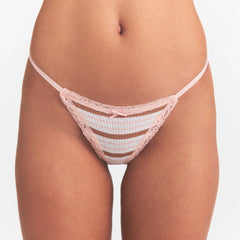 LIGHTWEIGHT COTTON POINTELLE LACE STRING THONG | VILLA EGRET RUNWAY STRIPE ON A MODEL FRONT VIEW @ | FOCUS: 0.0, 1.0, 0.9