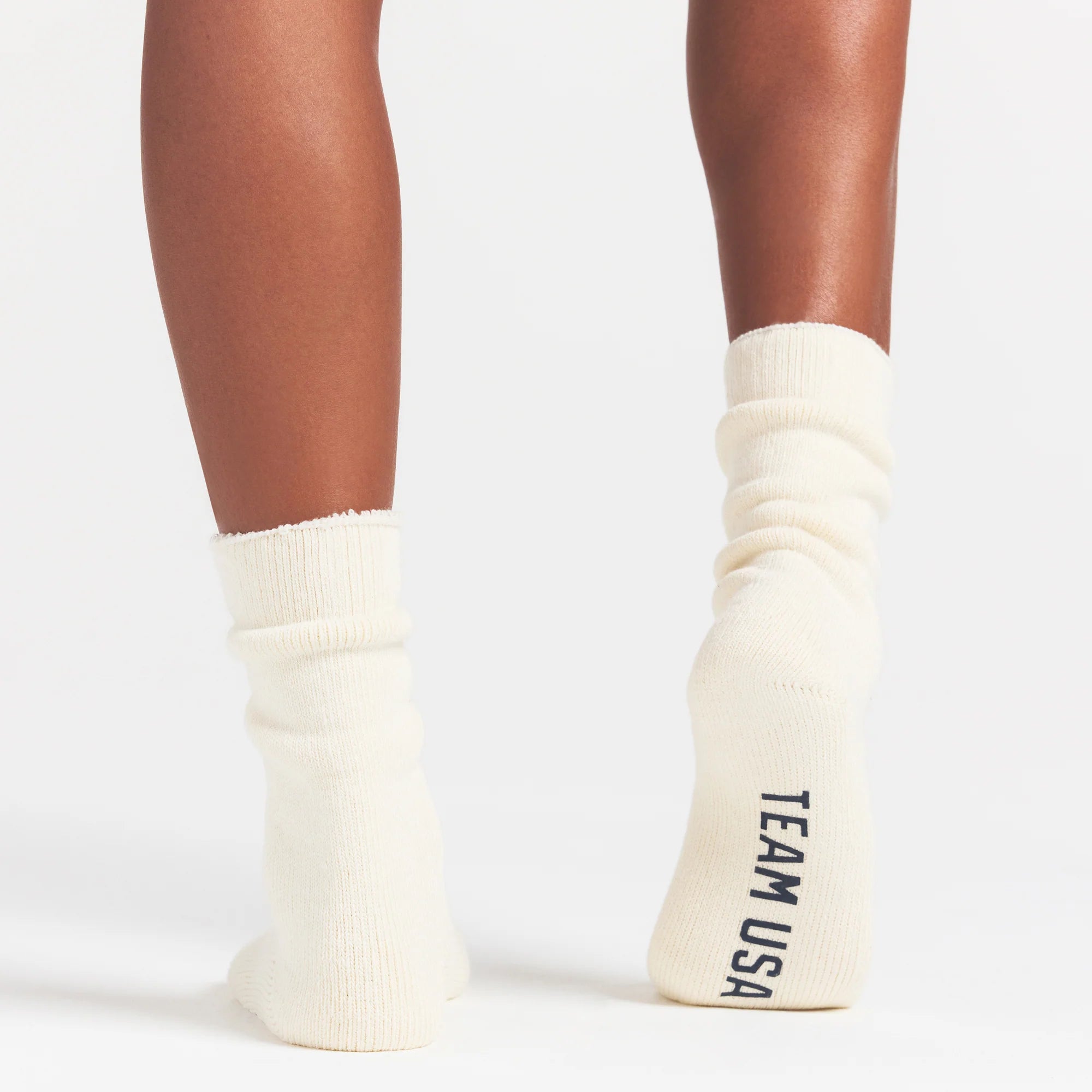 SKIMS FOR TEAM USA OLYMPIC LOUNGE SOCK | ECRUON A MODEL FRONT VIEW @ | FOCUS: 0.0, 1.0, 0.9