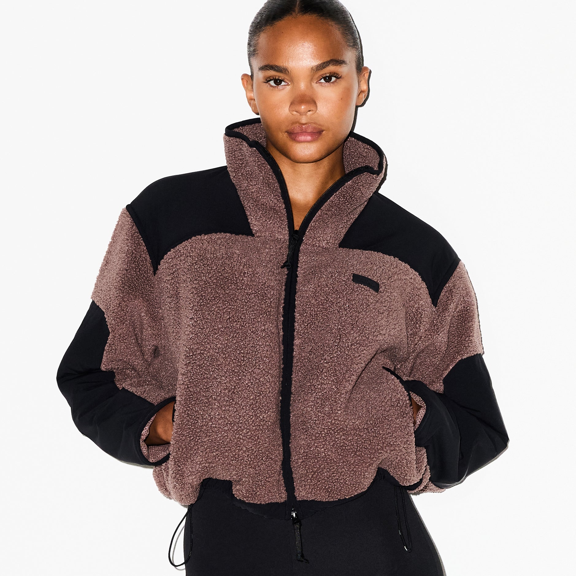 TEDDY BOXY ZIP UP JACKET | UMBER ON A MODEL SIDE VIEW @ | FOCUS: 0.0, 1.0, 0.9