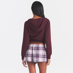 COTTON JERSEY ZIP UP HOODIE | CURRANT ON A MODEL | FOCUS: 0.0, 1.0, 0.9