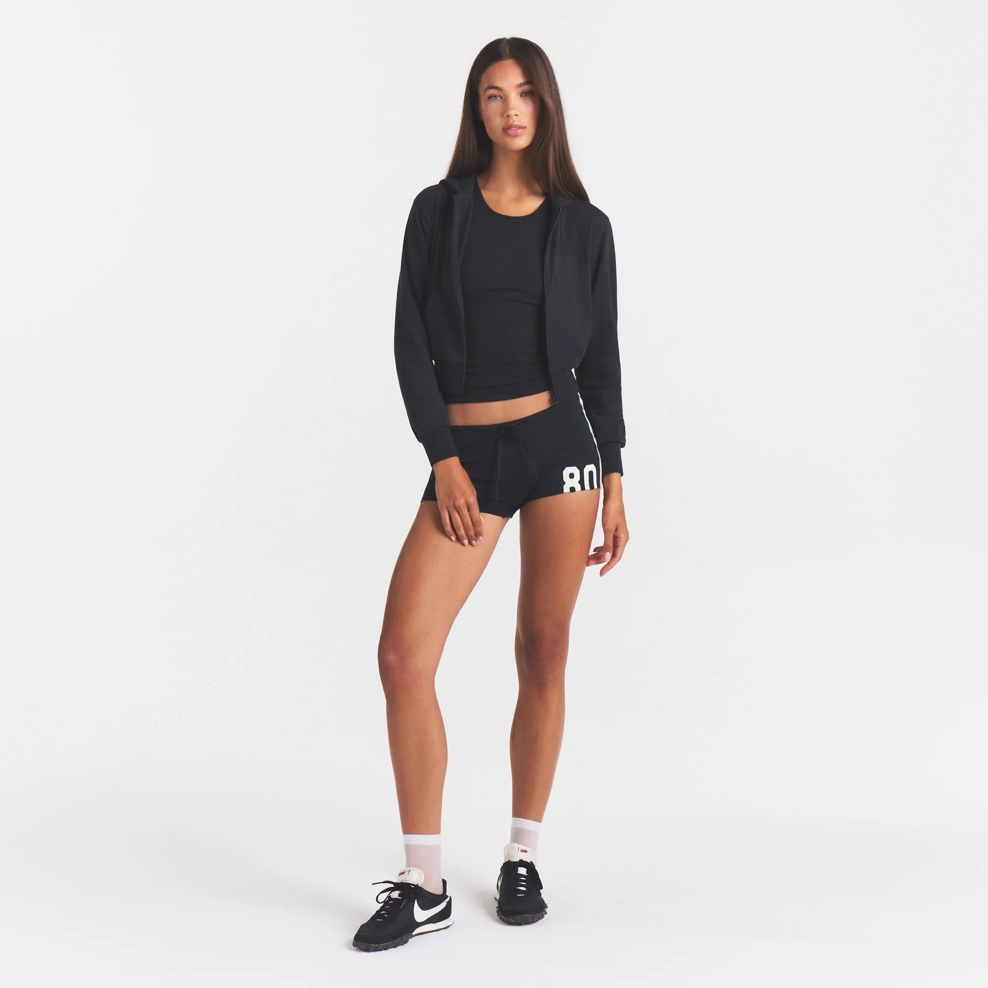 COTTON JERSEY ZIP UP HOODIE | SOOT ON A MODEL FRONT VIEW @ | FOCUS: 0.0, 1.0, 0.9