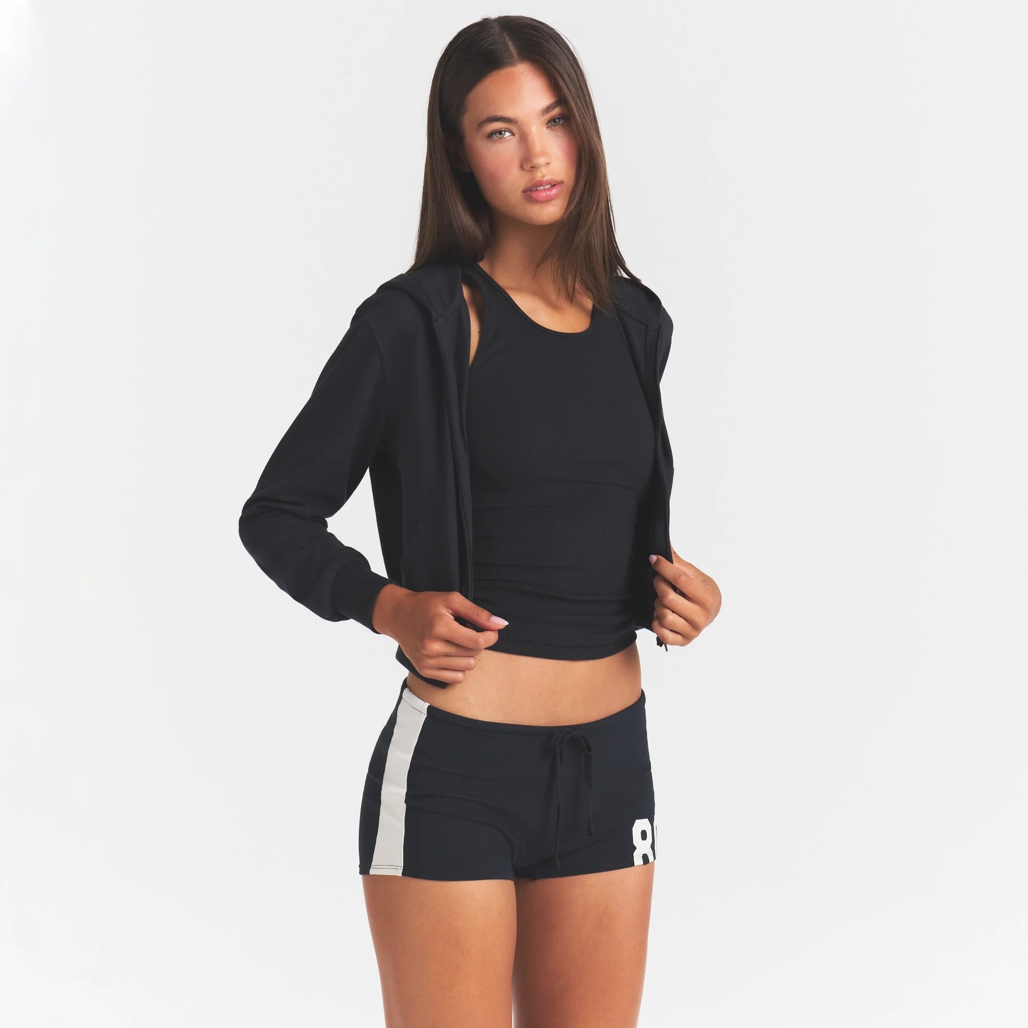 COTTON JERSEY ZIP UP HOODIE | SOOT ON A MODEL FRONT VIEW @ | FOCUS: 0.0, 1.0, 0.9