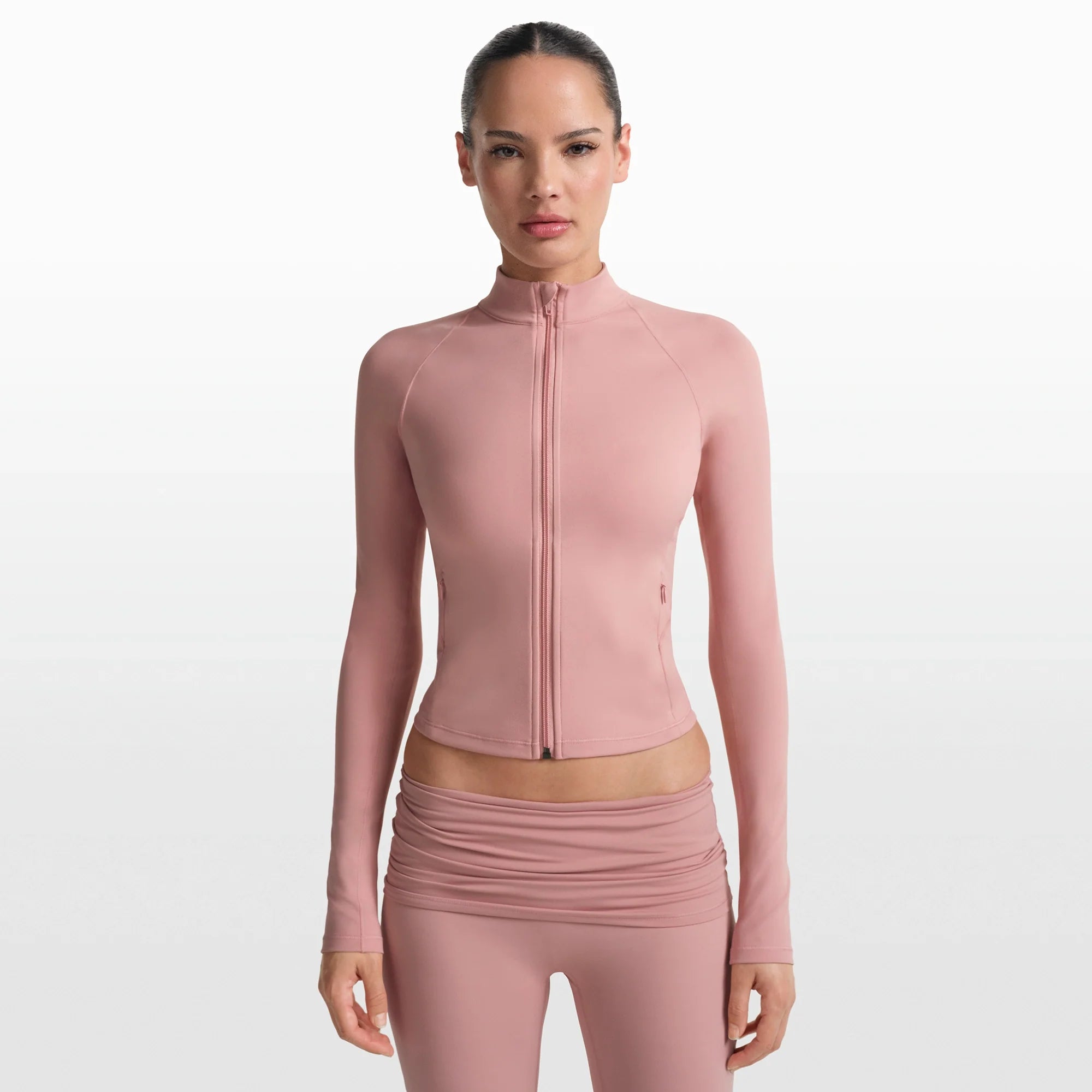 NikeSKIMS MATTE MOCK NECK FULL ZIP JACKET | HIMALAYAN ON A MODEL FRONT VIEW @ | FOCUS: 0.0, 1.0, 0.9