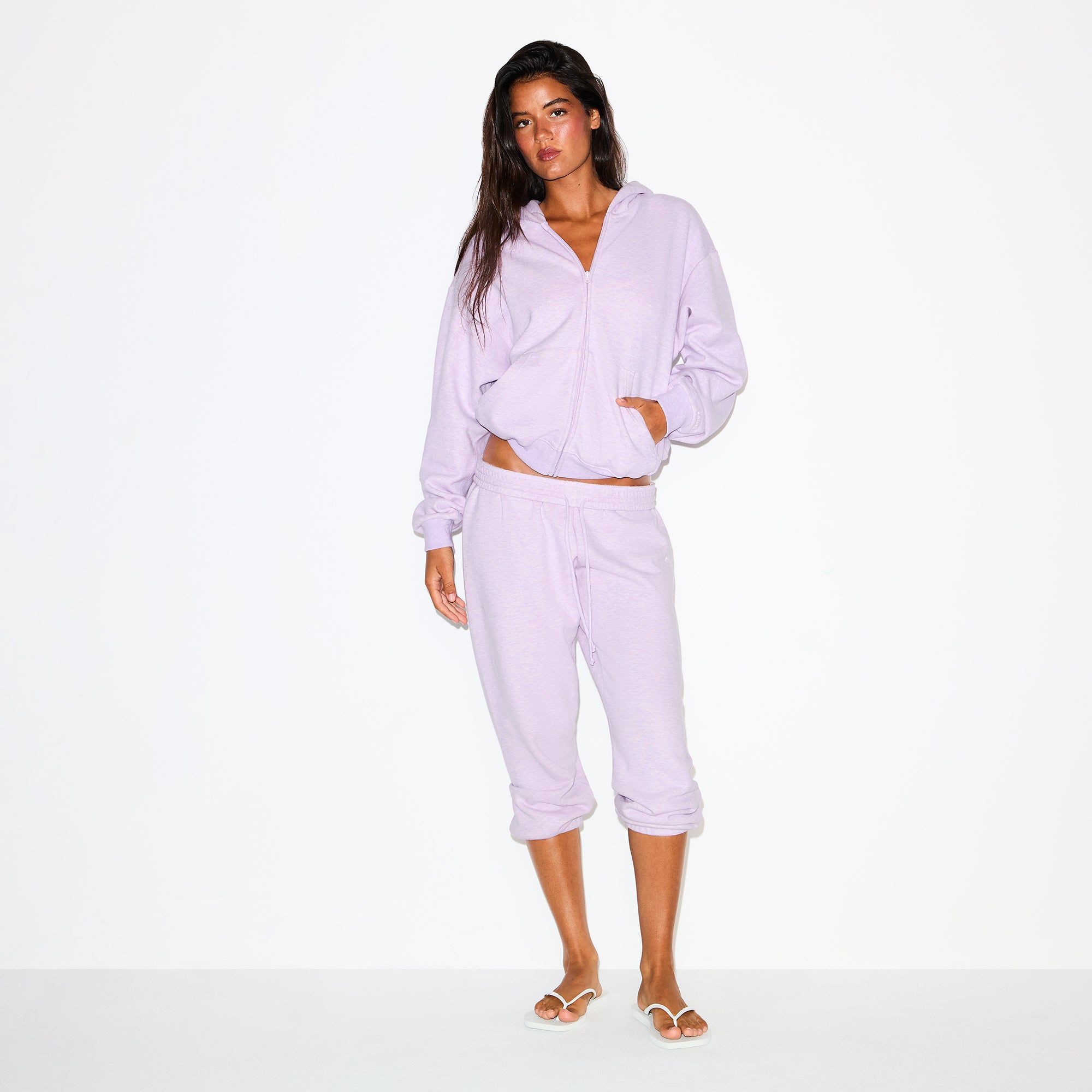 COTTON FLEECE CLASSIC ZIP UP HOODIE | PURPLE HEATHER ON A MODEL FRONT VIEW @ | FOCUS: 0.0, 1.0, 0.9
