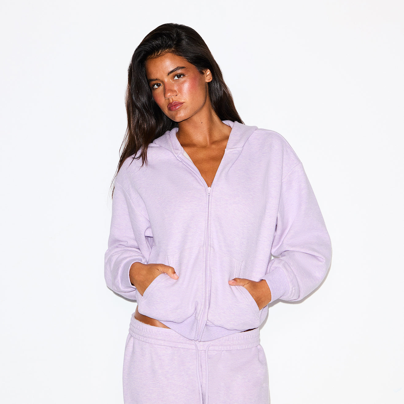 COTTON FLEECE CLASSIC ZIP UP HOODIE | PURPLE HEATHER ON A MODEL FRONT VIEW @ | FOCUS: 0.0, 1.0, 0.9