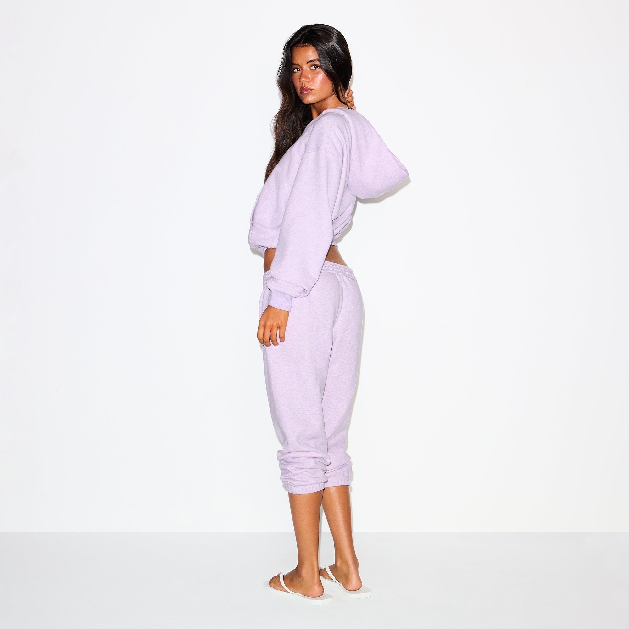COTTON FLEECE CLASSIC ZIP UP HOODIE | PURPLE HEATHER ON A MODEL SIDE VIEW @ | FOCUS: 0.0, 1.0, 0.9