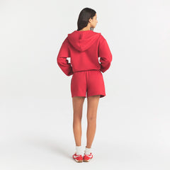 COTTON FLEECE CLASSIC ZIP UP HOODIE | WASHED RED ON A MODEL SIDE VIEW @ | FOCUS: 0.0, 1.0, 0.9