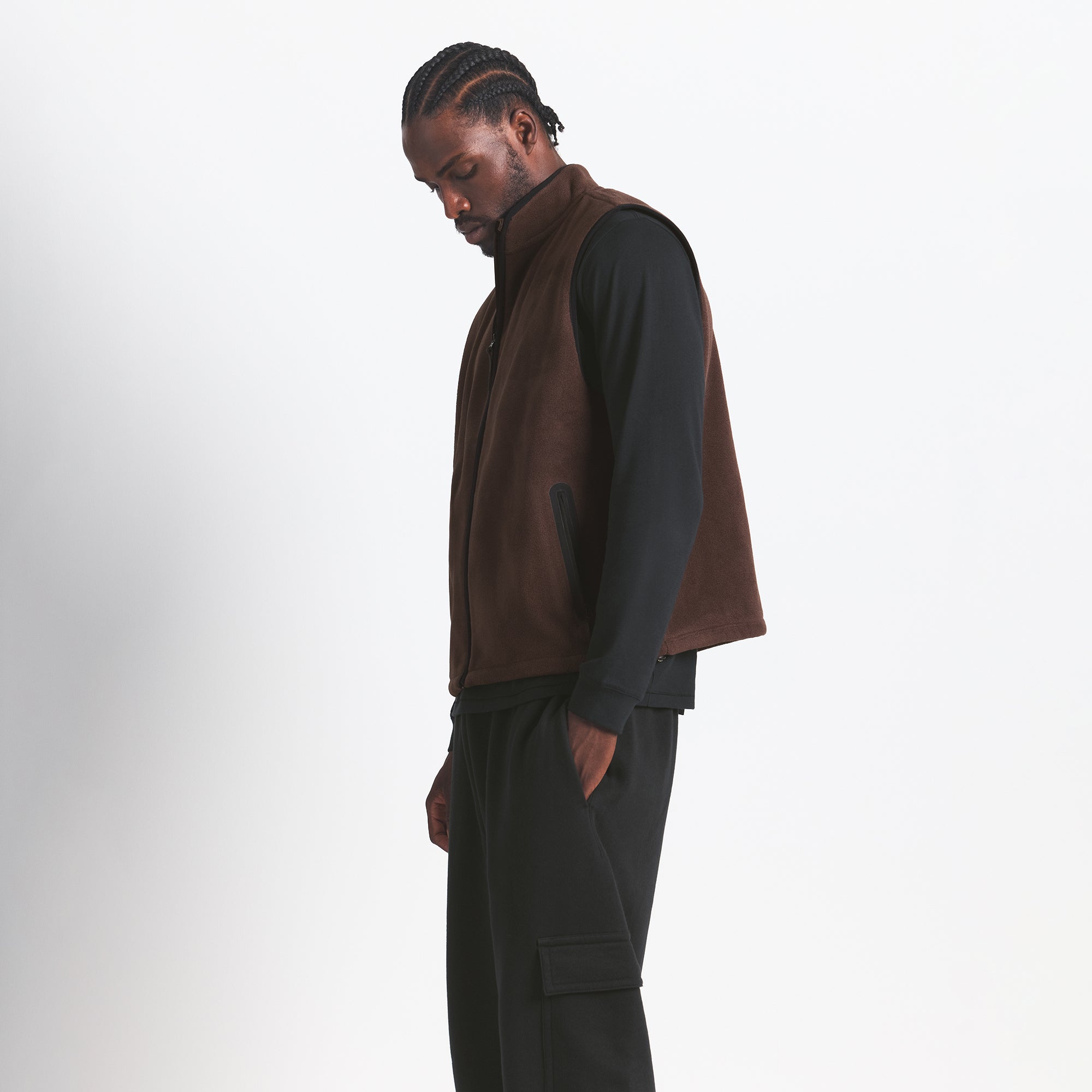 POLAR FLEECE MENS VEST | ESPRESSO ON A MODEL SIDE VIEW @ | FOCUS: 0.0, 1.0, 0.9